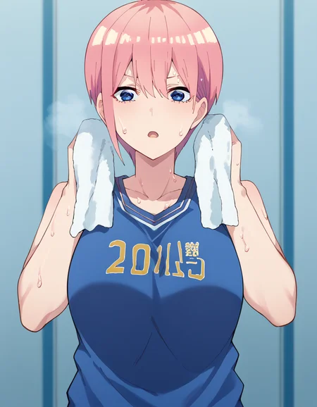 score_9, score_8_up, score_7_up, source_anime, <lora:ichika-nakano-s2-ponyxl-lora-nochekaiser:1>, ichika nakano, short hair, bangs, blue eyes, hair between eyes, pink hair, pixie cut, mature female, large breasts, <lora:basketball-uniform-ponyxl-lora-nochekaiser:1> basketball uniform, basketball jersery, sportswear, jersey, shorts, sleeveless,, audience, gym, sweat, open mouth, steam, <lora:wiping-towel-ponyxl-lora-nochekaiser:1> wiping sweat, towel, holding, sweat, holding towel, looking at viewer, open mouth,, cowboy shot,