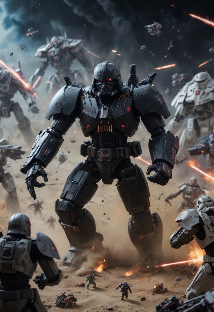 Large space battle scene, Darth Megatron (Darth Vader helmet on black Megatron like mech in the middle of the battle, shown as a star wars crossover with robotech macross with battle mech robot warriors and stormtroopers, tilt-shift photography