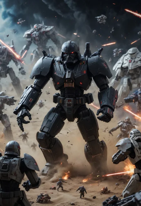 Large space battle scene, Darth Megatron (Darth Vader helmet on black Megatron like mech in the middle of the battle, shown as a star wars crossover with robotech macross with battle mech robot warriors and stormtroopers, tilt-shift photography