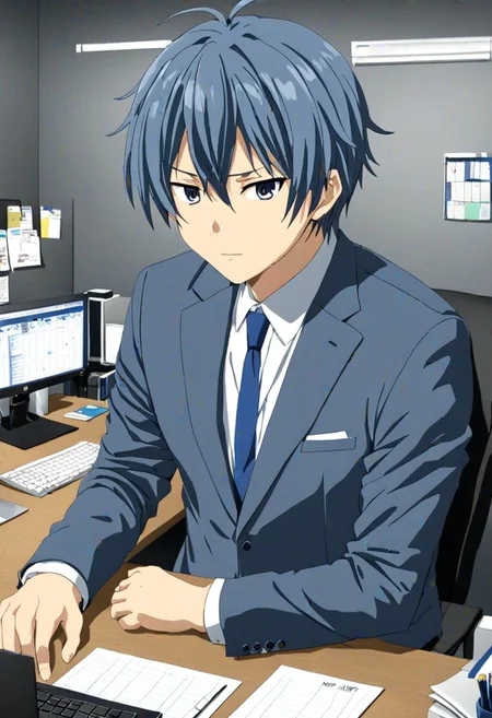 high resolution, solo, best quality, 1Boy, Tomoya Okazaki, Grey Blue Hair, suit, worklife, workspace, OverallDetail