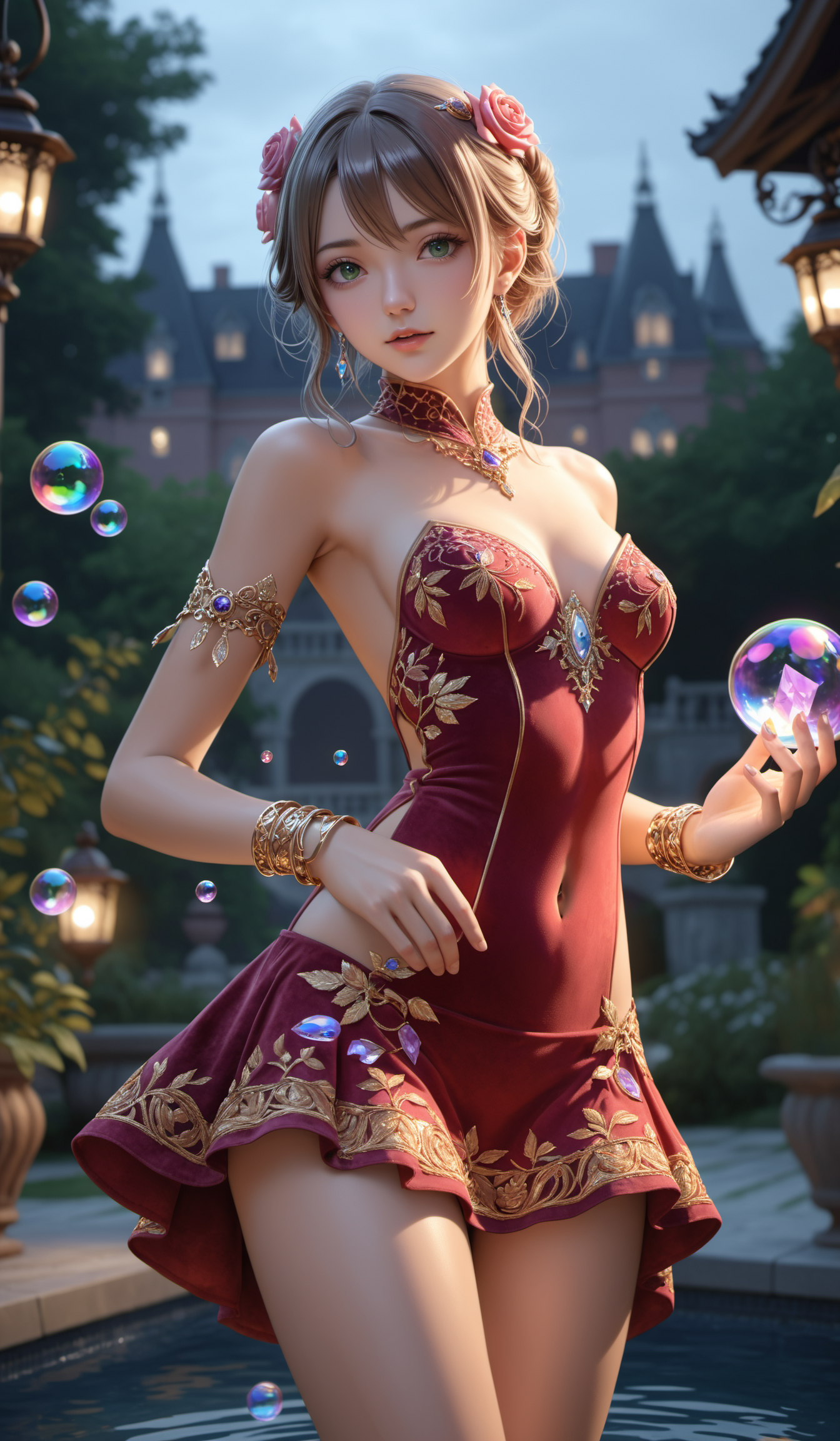 (Best quality,masterpiece,absurdres,ultra realistic:1.4),(Rococo:1.4),(close portrait:1.3),peerlessly beautiful idolmaster ,beautiful detailed eyes,(see-through_clothing),shine,glowing,sparkling,energy coalescing and vibrating,(dynamic angle,dynamic pose),Close-up photo,standing,shy ,sad,disdainful ,Around,sex,nsfw, topless, nude,
wearing Red dress, Gold sandals,(((miniskirt))),
(fair isle    suede),(armlet, scintillating very slightly included (vs2) amethyst, rose cut, rose cut facets, 50.00 carat, chromatic,    lustrous, silicone, inflexible, reliability, surface coating, split shank setting, estate, unique, ethnic, rococo, achievement and success),(vineyard, soda straw),(backward,dimly lit,bewitching,goal-driven),(cybernetic skyscraper cluster, Diorite stone,green roofing roof, Outdoor Fireplace,Gas Lanterns, pond and pool lighting),
(Around floating crystals:1.4)the most beautiful form of chaos,
(ColoredBubbles:1.4),(leaves:1.4),