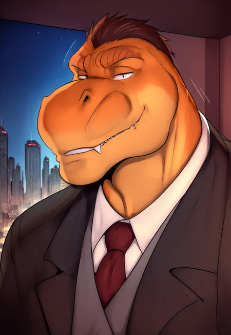 zPDXL, score_9,score_8_up,score_7_up,_up, furry_diffusion, Greg (Zourik), Paul (zourik), anthro dinosaur, pectorals, furry male, brown hair, t-rex, multicolored skin, orange-yellow skin, sharp teeth, muscular, tail, zourik, male, solo, bara, suit
expressive serious face, day indoor oce, large
glass wall, cityscape outdoors, shadow,
foreshortening, dutch angle, dynamic angle, dynamic
action, intricately detailed, depth of field, atmospheric
perspective, masterpiece, best quality, amazing
quality, very aesthetic, absurdres, newest