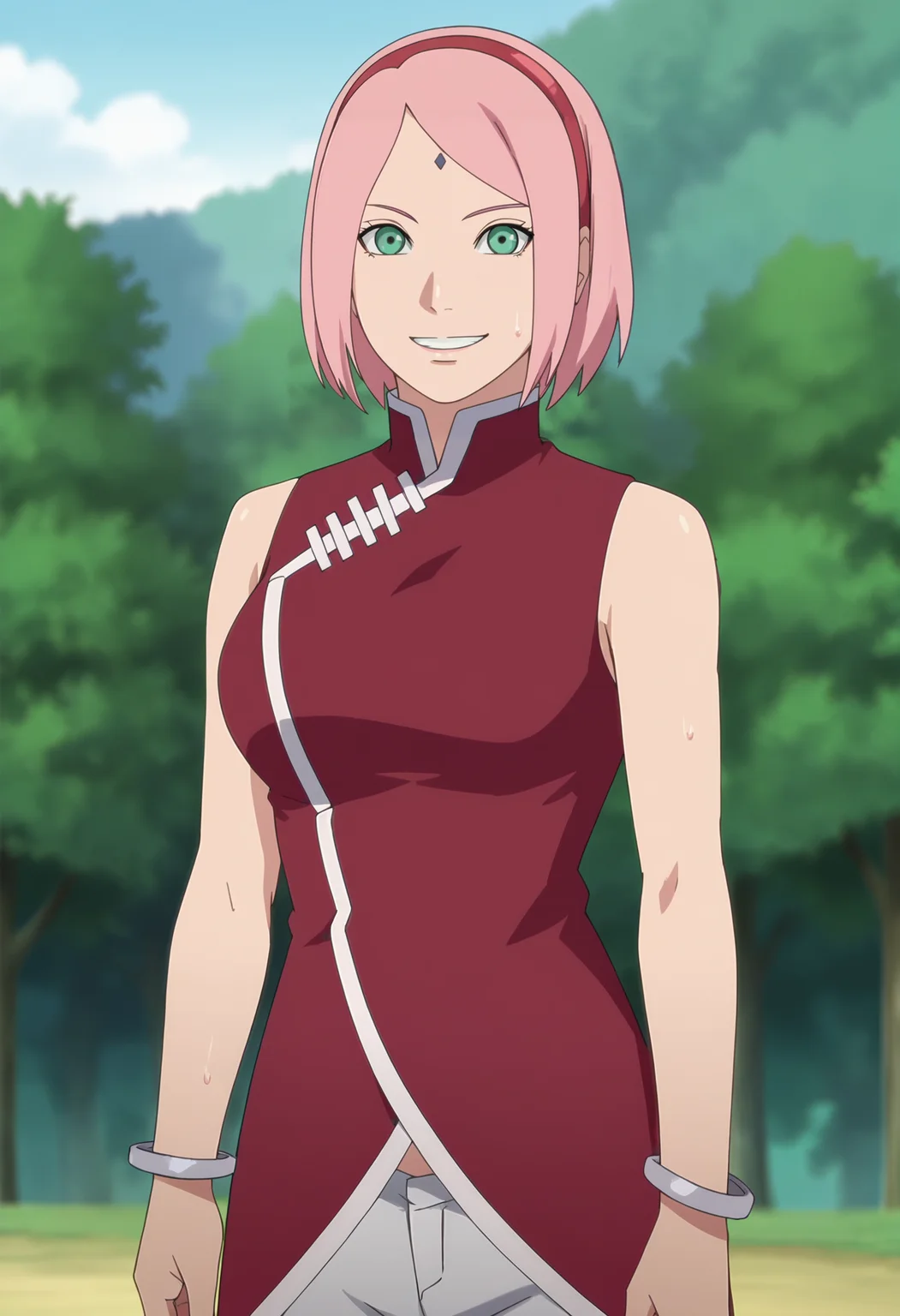 score_9, score_8_up, score_7_up, source_anime,anime screencap,anime coloring,intricate details,masterpiece, best quality,
uncensored,
mature female,
sakura, pink hair, 1girl, short hair, facial mark, hairband, forehead mark, red hairband,short hair, large breasts,green eyes, 
sweat, 
japanese clothes, sleeveless,red shirt,bracelet,jewelry,pants,upper body, 
smile, looking at viewer, 
solo, teeth, 
parody, 
perfect anatomy,
scenery,outdoors, day, 
<lora:Sakura NEW:0.9>,
<lora:anime-detailer-xl:2>,