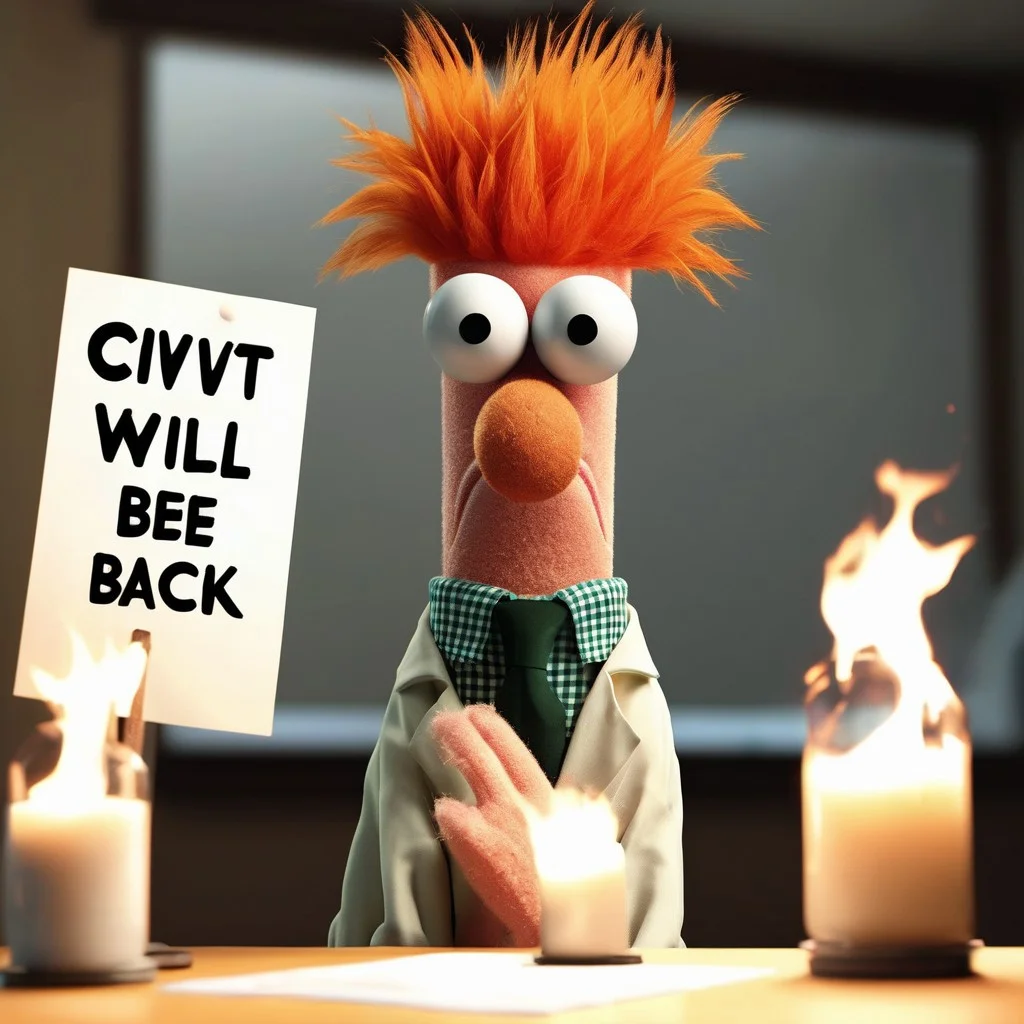 Raw Photography, from front, facing camera,
Portrait of Beaker at table in chemical labor, open mouth, furry, scared,
holding a length of cabal in each hand, smoke fills the room, sparks fly. a screen behind him shows the message "Civitai will be right back",,
BeakerLoraXL