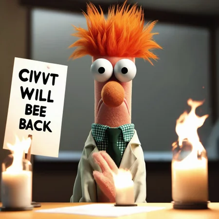 Raw Photography, from front, facing camera,
Portrait of Beaker at table in chemical labor, open mouth, furry, scared,
holding a length of cabal in each hand, smoke fills the room, sparks fly. a screen behind him shows the message "Civitai will be right back",,
BeakerLoraXL