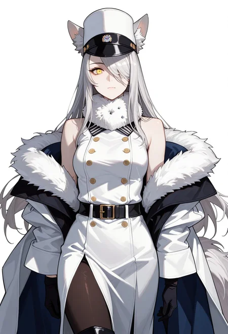 (score_9, score_8, score_7), masterwork, masterpiece, best quality, beautiful eyes, beautiful face, detailed eyes,detailed face, 1girl, silver hair, long hair, sidebangs, hair covering one eye, wolf ears, fluffy tail, yellow eyes, confident expression, pale skin, slim body, sharp gaze, white military-style coat, fur collar, double-breasted buttons, black belt, dark tights, white tall hat, black gloves, thigh-high boots, blue cloak lining, elegant, futuristic fantasy military style