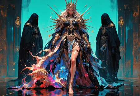 A hyper-realistic full-body portrait of a regal, seductive woman walking with a dynamic, commanding pose, radiating elegance and power. She wears a sharp, symmetrical chrome crown with blade-like points that reflect radiant metallic highlights, evoking a futuristic brilliance. Her flowing robe, crafted from glowing neon dots and vivid lines, shifts mesmerizingly between electric cyan, deep magenta, and radiant gold, creating a surreal, otherworldly allure. Her silver and azure hair, softly glowing, floats weightlessly, amplifying her ethereal presence, while her robe flows in gravity-defying waves, accentuating the motion. Beneath her, the ground features a black obsidian tile floor, its uneven hexagonal tiles streaked with veins of molten gold light that pulse like living energy, adding depth and surreal vibrance. Two veiled women in matte-black robes stand solemnly in the background, their faces obscured and their mysterious presence deepening the enigma. The backdrop is a neon turquoise gradient, faintly illuminated by glowing, cryptic Illuminati-inspired symbols, their soft pulses harmonizing with the glowing tiles. Cinematic lighting bathes the scene in an ethereal glow, accentuating the crown’s brilliance, the robe’s vivid tones, and the surreal floor. Captured in 8K resolution with a 35mm lens at f/1.2, every detail is rendered with precision, merging hyper-realism and surreal elegance into a stunning visual narrative.