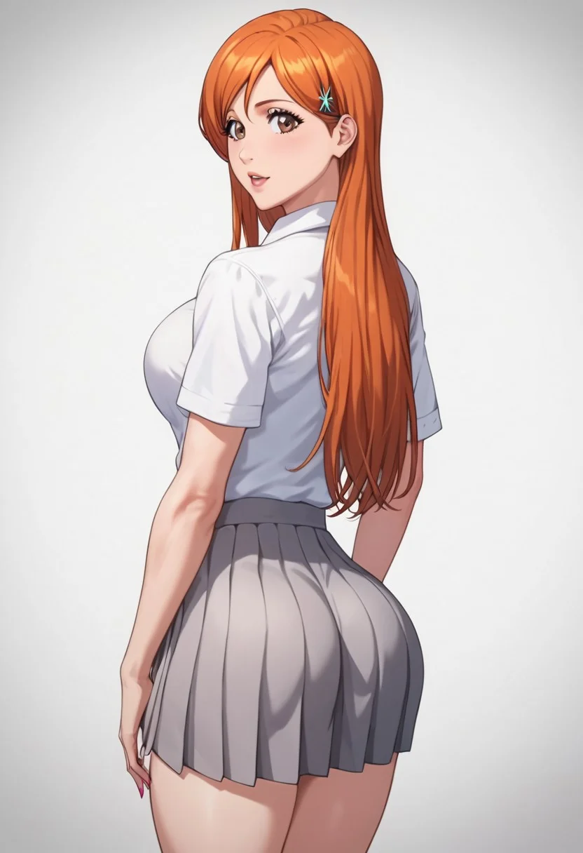 score_9, score_8_up, score_7_up,1girl, solo, bimbo, inoue orihime, long hair, orange hair, brown eyes, school uniform, grey skirt, white shirt, wide hips, toned ass, static pose, looking at viewer, charturnerv2, overall detail, high resolution, masterpiece, detailed clother, white background, highly detailed