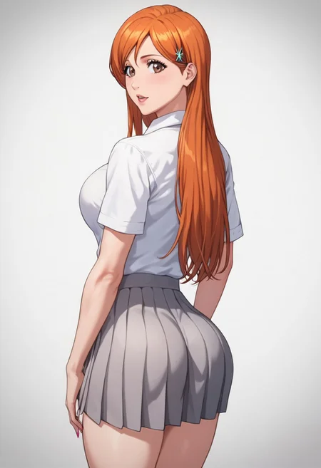 score_9, score_8_up, score_7_up,1girl, solo, bimbo, inoue orihime, long hair, orange hair, brown eyes, school uniform, grey skirt, white shirt, wide hips, toned ass, static pose, looking at viewer, charturnerv2, overall detail, high resolution, masterpiece, detailed clother, white background, highly detailed
