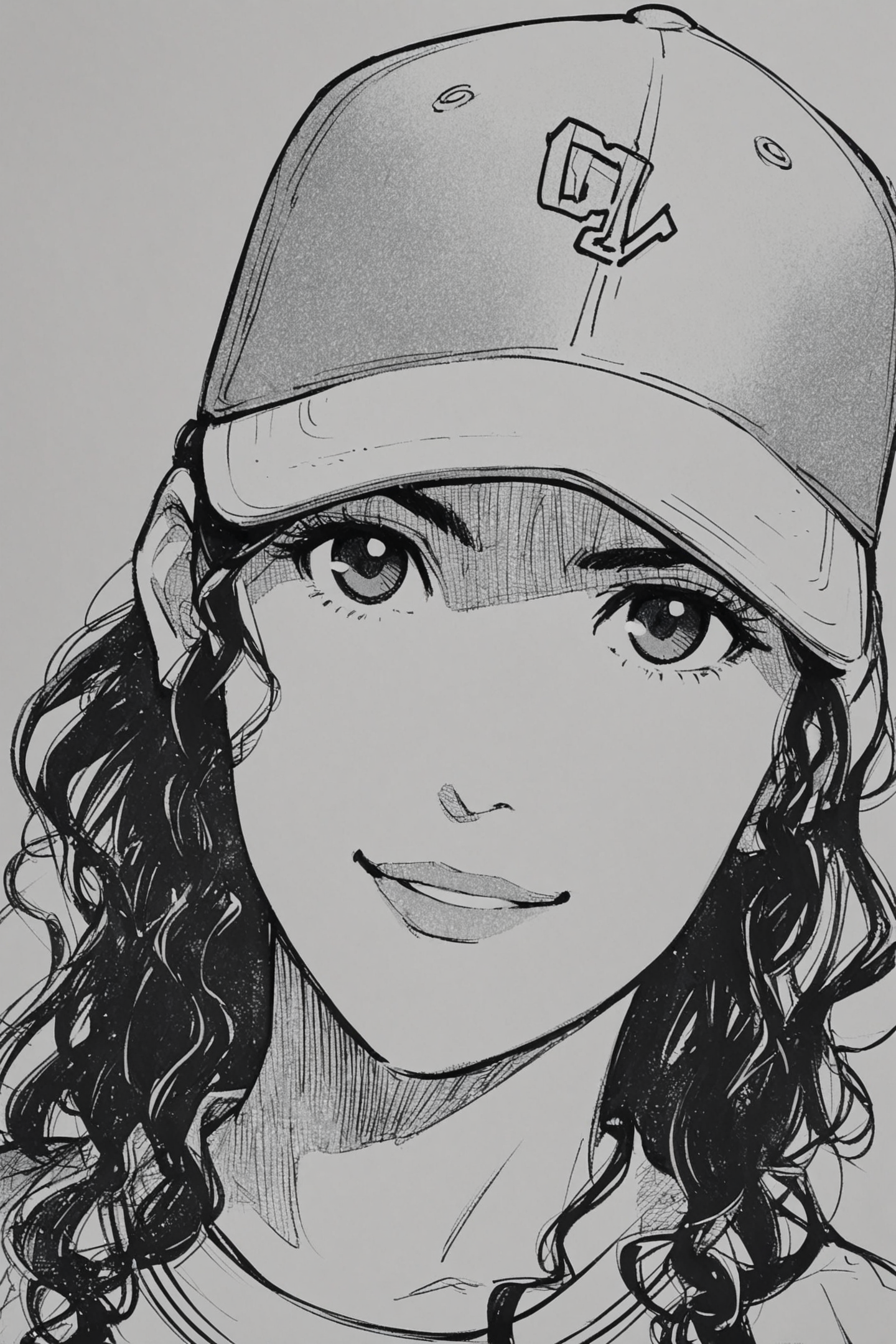Inoue Ayako,monochrome,1girl,greyscale,solo,hat,smile,baseball cap,looking at viewer,portrait,<lora:Inoue Takehiko_XL:0.8>,
