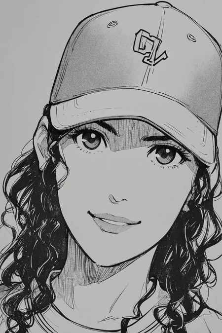 Inoue Ayako,monochrome,1girl,greyscale,solo,hat,smile,baseball cap,looking at viewer,portrait,<lora:Inoue Takehiko_XL:0.8>,