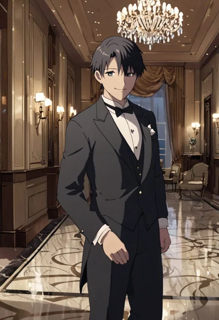 Highres, Masterpiece, High Quality, 4K, 8K, solo, 1Boy, Takaki Toono, adult, black hair, short hair, ballroom, luxury hotel, luxury room, marble floor, crystal chandelier, classic ornaments, tuxedo, smile, musterius, classy, confident, rich, easynegative, detailed_eye_model