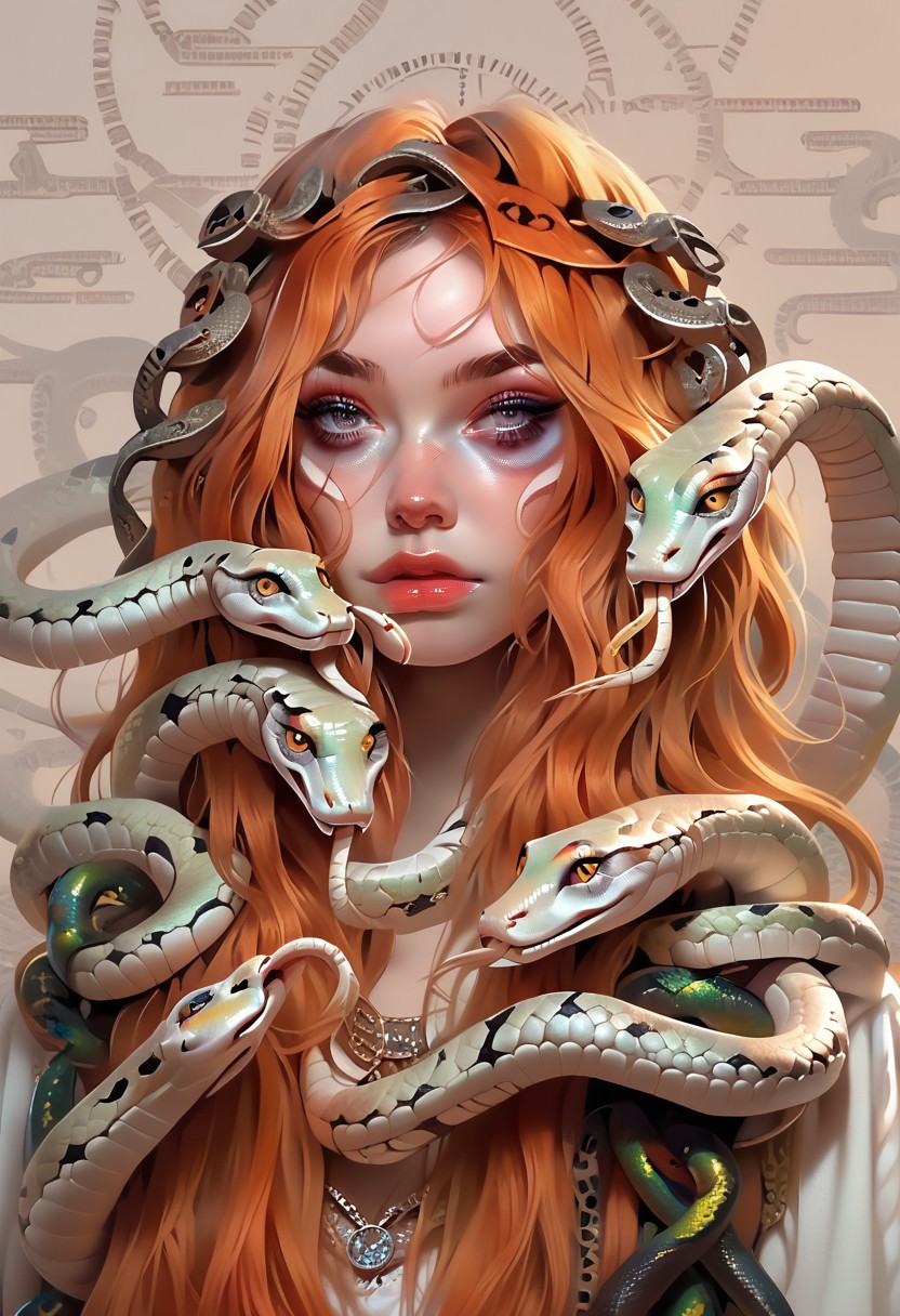 score_9, score_8_up, score_7_up, th3rm4l, woman, grey eyes, ginger hair, long hair, jewelry, makeup, portrait, hator, snakes