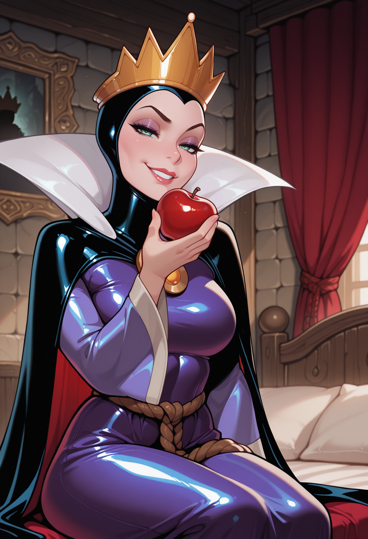 masterpiece, best quality, amazing quality, , ,evilq33n, <lora:evilQueenIllustrious:1>
cape, purple dress, crown,  rope belt, latex, bedroom, seductive smile, come hither, holding a red apple, sitting,