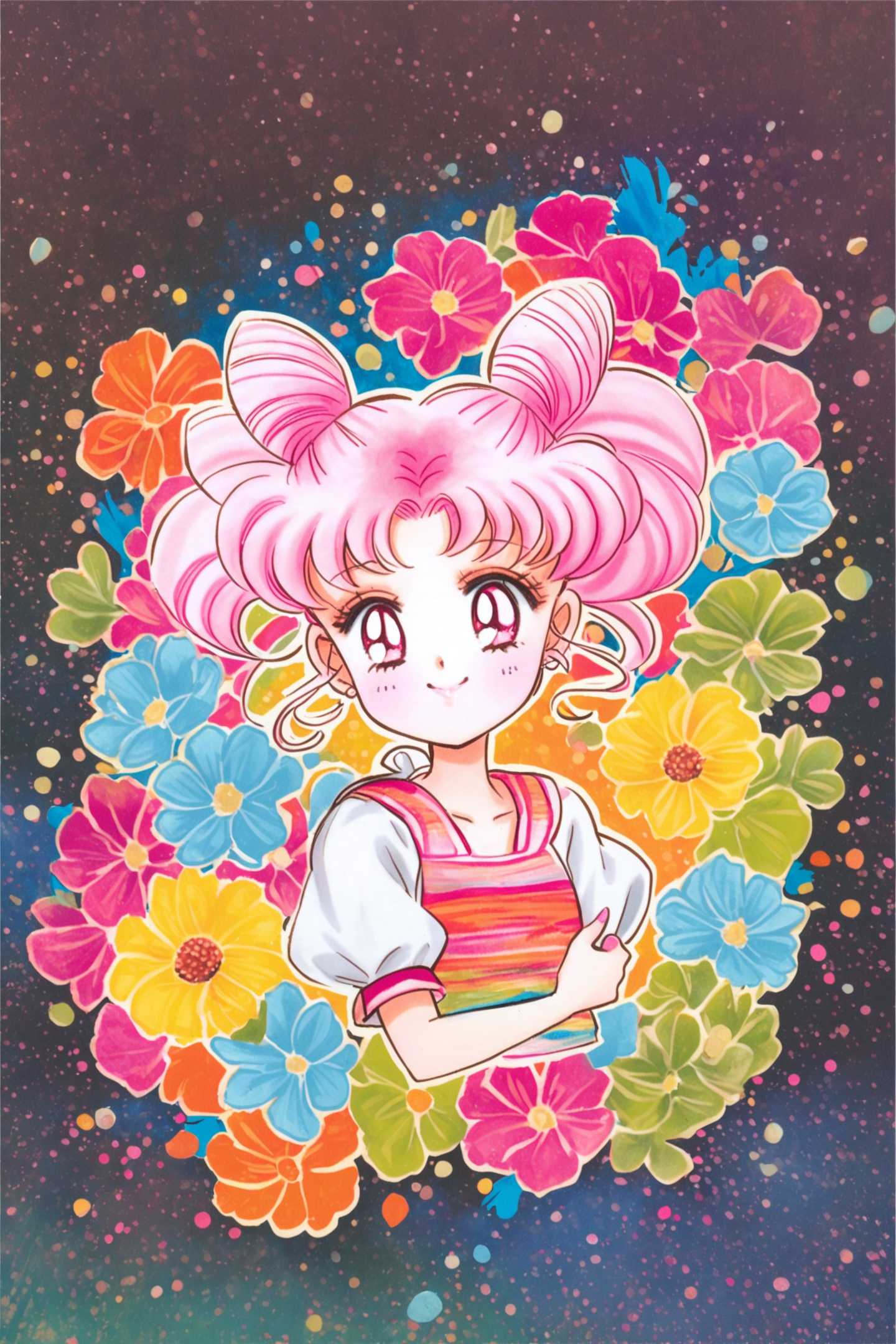 1girl,solo,chibi usa,double bun,hair bun,flower,smile,pink hair,twintails,cone hair bun,short sleeves,puffy sleeves,traditional media,puffy short sleeves,looking at viewer,bangs,colorful,multicolored background,pink eyes,parted bangs,
<lora:Takeuchi Naoko_XL:0.8>,