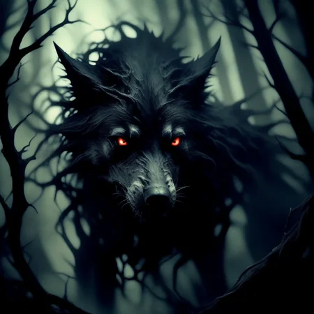 wyrmterro demonic wolf in forest, darkness<lora:wyrmterro:0.8>