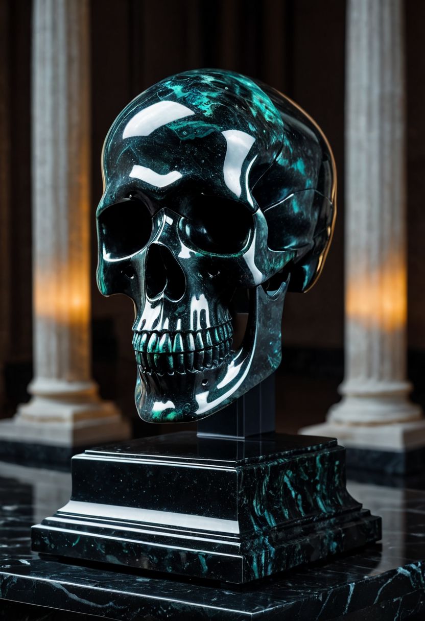 Fujifilm XT3, Sony A7 IV, (award winning photography) a black marble skull made of opal set on a pedestal in temple, glistening. in the background beautiful pillars, divine (iridescent: 0.79), opalescent textures, volumetric light, ethereal, sparkling, studio photo, highly detailed, sharp focus (highest quality: 1.39) (highest coherency: 1.39) (award winning photography), highly detailed photography, (muted colors, cinematic, dim colors, soothing tones:1.2), vibrant, insanely detailed, hyperdetailed, (dark shot:1.2), (vsco:0.3), (intricate details:0.9), (hdr, hyperdetailed:1.2) (vignette), sss