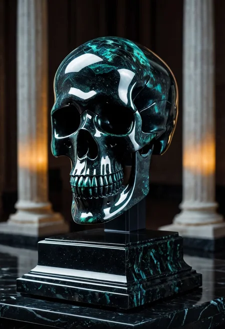 Fujifilm XT3, Sony A7 IV, (award winning photography) a black marble skull made of opal set on a pedestal in temple, glistening. in the background beautiful pillars, divine (iridescent: 0.79), opalescent textures, volumetric light, ethereal, sparkling, studio photo, highly detailed, sharp focus (highest quality: 1.39) (highest coherency: 1.39) (award winning photography), highly detailed photography, (muted colors, cinematic, dim colors, soothing tones:1.2), vibrant, insanely detailed, hyperdetailed, (dark shot:1.2), (vsco:0.3), (intricate details:0.9), (hdr, hyperdetailed:1.2) (vignette), sss