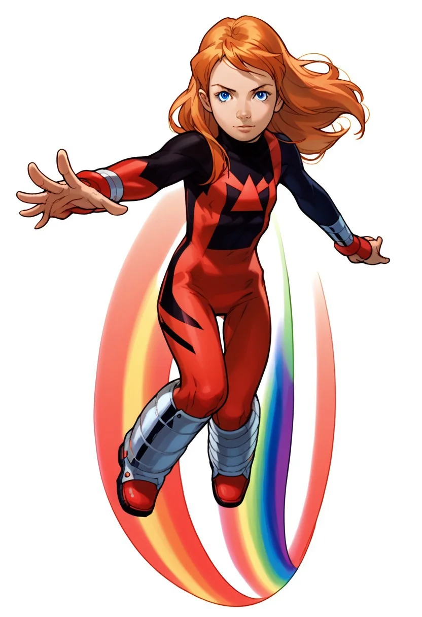 score_8, score_8_up, score_7_up, 1girl, solo, female focus, Julie_PP, red hair, long hair, blue eyes, flat chest, Power Pack uniform, asymmetrical clothes, LS_logo, print bodysuit, red bodysuit, black bodysuit, metal boots, knee boots, in kinu-sensei artstyle, full body, looking at viewer, Flying, midair, rainbow, simple background, white background,