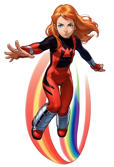 score_8, score_8_up, score_7_up, 1girl, solo, female focus, Julie_PP, red hair, long hair, blue eyes, flat chest, Power Pack uniform, asymmetrical clothes, LS_logo, print bodysuit, red bodysuit, black bodysuit, metal boots, knee boots, in kinu-sensei artstyle, full body, looking at viewer, Flying, midair, rainbow, simple background, white background,