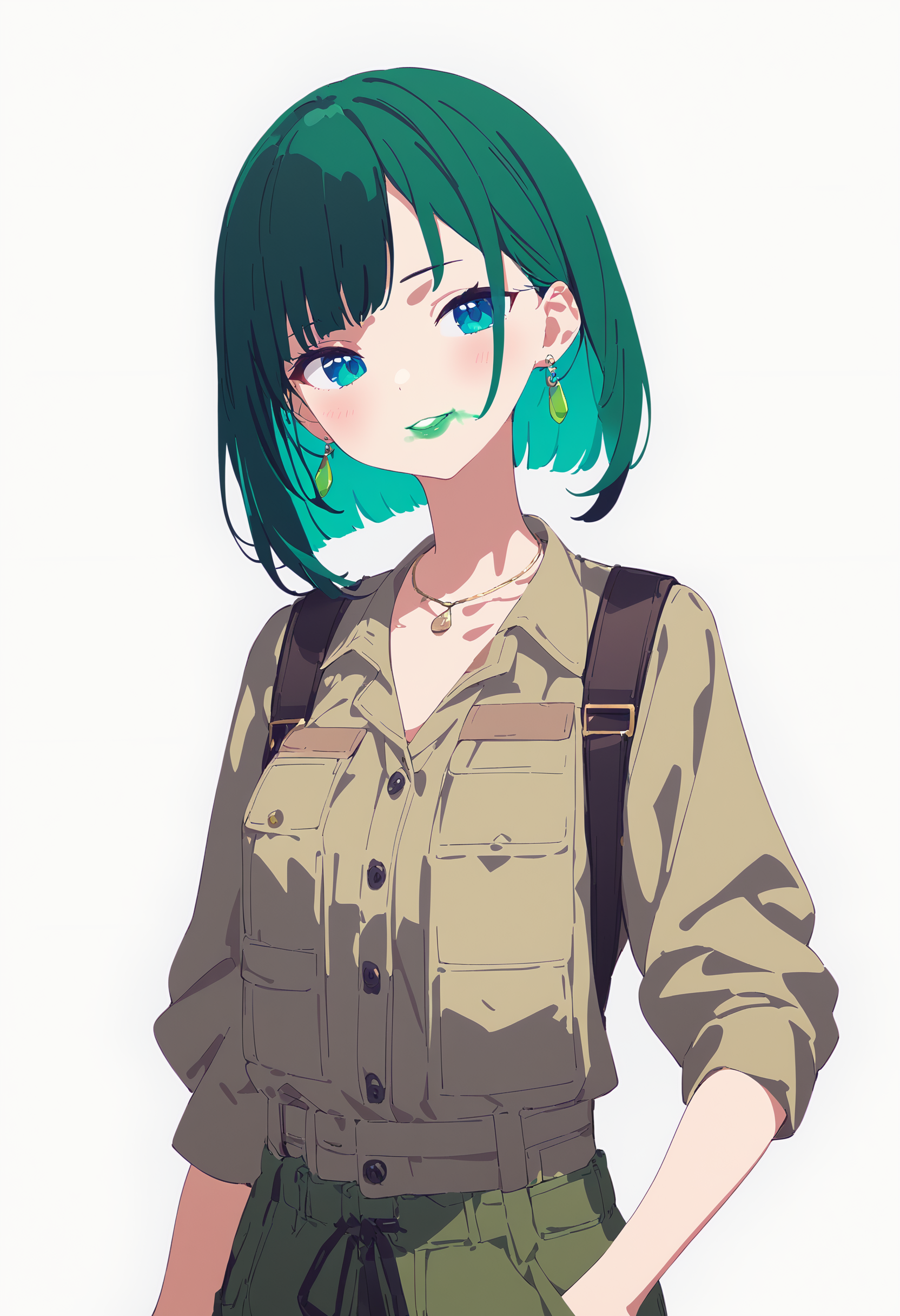 1girl,[mamyouda, sy4, ogipote | mamyouda, aiko \(kanl\), torino aqua  | maccha \(mochancc\), torino aqua, ask \(askzy\)],
solo,happy,earrings,green lipstick,widow's peak,upper body,cargo_pants,dynamic_angle,<lora:smeared lipstick_XL_bx-v1.02:1>,smeared lipstick,
masterpiece,great quality,best quality,newest,recent,absurdres,