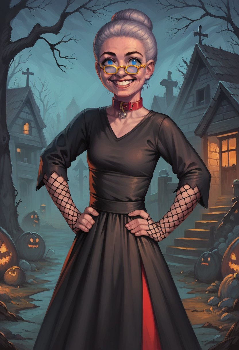 score_9_up, score_8_up, score_7_up, score_6_up, 1girl, solo, (GG_Ruthie), old woman, (black dress), grey hair, yellow-framed eyewear, single hair bun, blue eyes, smile, fishnet gloves, red collar, adult, standing, hands on hips, spooky graveyard, (realistic, painted art)