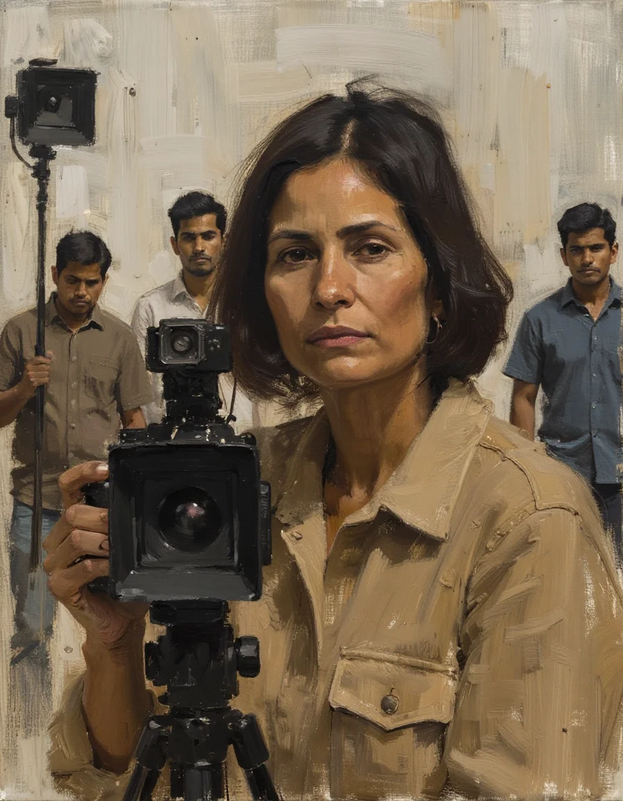 painting sketch portrait of a female middle-aged Peruvian filmmaker with her camera on the set of a movie production, actors and grips and lighting crew in the background