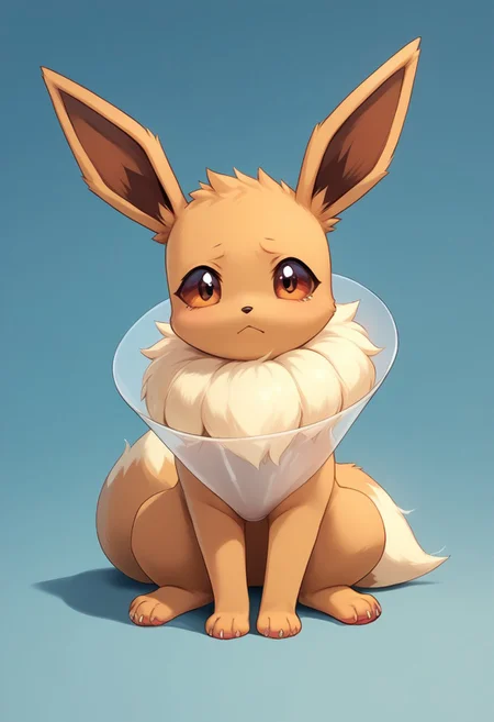 masterpiece, highres, score_9, score_8_up, score_7_up, source_anime, solo, Eevee, pokemon, feral, ((eevee wearing a cone of shame, plastic cone around eevee's neck)), eevee sitting on a couch looking very sad, droopy ears, looking at viewer,