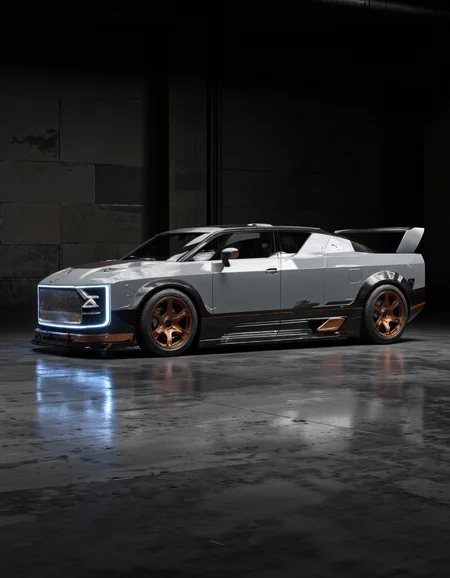QuantumZ. A photo-realistic rendering of a futuristic electric vehicle from a front angle, showcasing its sleek and aerodynamic design. the vehicle is positioned in the middle of the frame, positioned in a dimly lit industrial setting, with a concrete floor and dark walls in the background. the car has a sleek, aerodynamic shape with a low-slung body and a wide stance, featuring a combination of grey and black colors with copper accents on the wheels. The front of the vehicle has a large, angular grille with a glowing blue light emanating from it, giving it a futuristic and sophisticated look. The car has two doors, two windows, and a spoiler on the back, adding to its sporty and aggressive appearance. the wheels are large and have a glossy finish, with copper rims that add to the overall aesthetic of the car. the overall mood of the image is dark and industrial, with the car standing out against the muted tones of the background, creating a sense of depth and dimensionality.