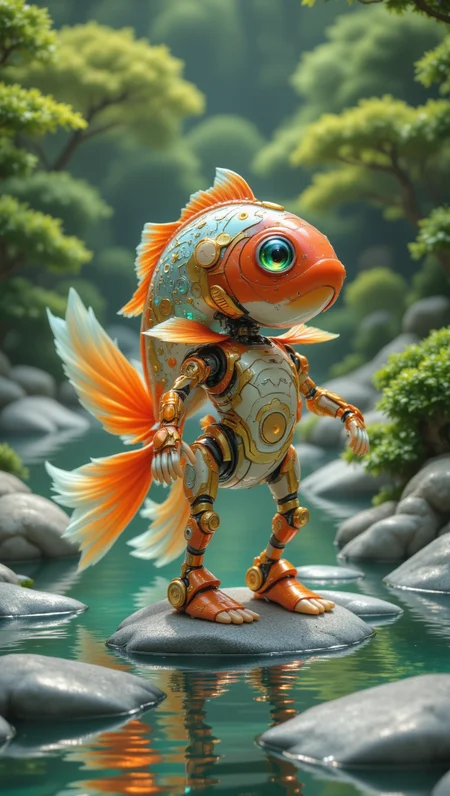 pinkfluxproultrafantasia, aidmaimageupgrader
A charming photographic illustration of an anthropomorphic Japanese robot goldfish, standing gracefully by the edge of a tranquil Zen garden lake. The goldfish has a vibrant metallic body adorned with intricate patterns and designs, blending traditional Japanese aesthetics with futuristic robotics. Its large, expressive eyes convey intelligence and curiosity, while delicate mechanical fins and a flowing tail add to its whimsical appearance. The background features a serene Zen garden, complete with carefully arranged stones, bonsai trees, and gently rippling water that reflects the peaceful surroundings. Soft sunlight filters through the trees, creating a warm and inviting atmosphere that emphasizes the harmony between nature and technology.