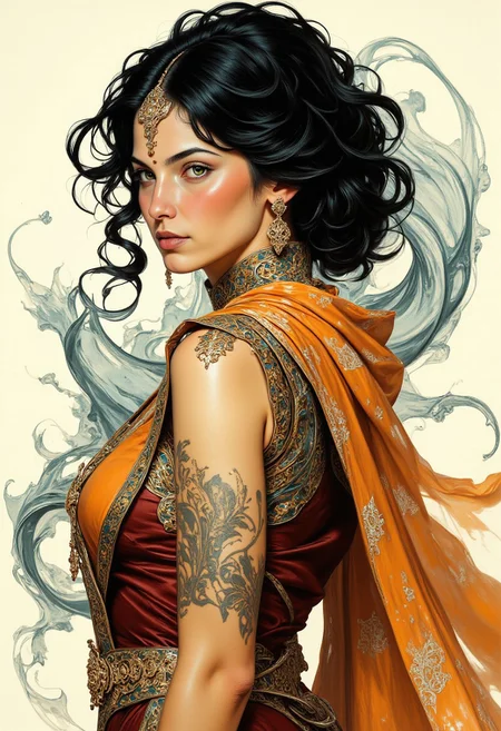 A traditional Indian masterpiece blending the essence of Mughal Opulence with a sensual, surreal allure. The artwork depicts an enigmatic, erotic yet divine Indian goddess, her delicate face framed by cascading black hair, adorned with intricate temple jewelry and soft, ornate braids. Her mesmerizing almond-shaped eyes, set with a radiant shade of amber, glow gently, contrasting with her golden-hued skin as she gazes provocatively at the viewer. The inkwork swirls in rich shades of ochre and maroon, flowing harmoniously across the composition. She wears a traditional saree, its luxurious fabric slipping from her shoulders to reveal a tantalizing glimpse of her neckline and cleavage. Her arm bears a large tattoo. Abstract swirls of henna-inspired patterns, reminiscent of intricate mehndi designs, curve and twist around her form, imparting a sense of fluid, ethereal movement. The ink composition comes alive with surreal splashes of deep vermilion, soft ivory, and smoky indigo, enhancing the imagery while embracing the beauty of imperfections. This goddess exudes an intoxicating mix of mysticism and eroticism, seamlessly blending Indian beauty with surreal, otherworldly grace.