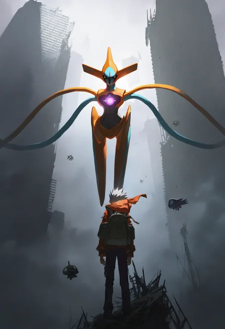 artist:ciloranko,artist:modare,artist:diyokama, astero, scenery, pokemon \(creature\),
best quality, amazing quality, very aesthetic, absurdres, best quality, masterpiece, newest,
deoxys, floating,
1boy, grey hair, spiked hair, backpack, building, fog, from behind, orange jacket, outdoors, ruins, floating ruins, standing, grey theme, Cinematic Lighting, light particles, <lora:AsteroNoob_byKonan:1>