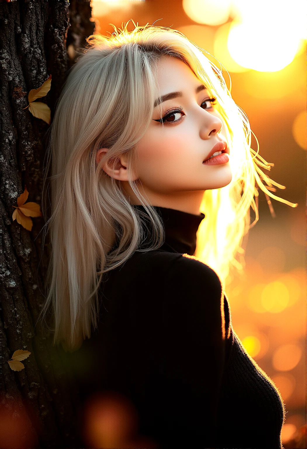 photorealistic, A woman in her 20s, platinum blonde hair, long eyelashes, thick eyelashes, makeup, glamourous, interesting black eyeliner, autumn attire, park scene, golden hour, serene expression, detailed facial features, warm smile, cozy clothing, autumn leaves, setting sun, warm, golden lighting, intricate fabric details, gentle breeze, peaceful atmosphere, ultra-high resolution, natural skin tone, light makeup, autumn hues, wide shot, medium shot, close-up, low-angle shot, high-angle shot, side profile, standing pose, walking through park, hair flowing in breeze, blurred autumn background, hyper-detailed environment, warm glow, tranquil park scene, falling leaves, balanced composition, dynamic stance, fluid motion, emotional connection, serene mood, background focus
The woman is leaning casually against a large, textured tree trunk, with one foot crossed over the other. She’s looking off into the distance with a soft smile, her hair cascading down over her shoulder, gently tousled by the breeze.
cinematic lighting, extremely intricate detail character, accurate depiction of character, correct body anatomy,correct hands and fingers, extremely intricate skin and facial texture detail, intricate black bodysuit design,lifelike potrayal, extrememly realistic lighting, extreme dynamic pose