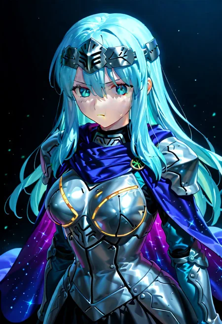 score_9, score_8_up, score_7_up, ((solo)), calm, pout, closed mouth, 1girl, solo, (medium breasts, thin waist, wide hips), peaceful, closed mouth, adult, (((eirika face))), (((cyan hair, cyan eyes))), ((long hair, hair between eyes)), (((indigo cape, metal headband, green metal_uniform, metal breast_armor))), no background, dark background, cowboy shot, dark background, portrait, Expressiveh,