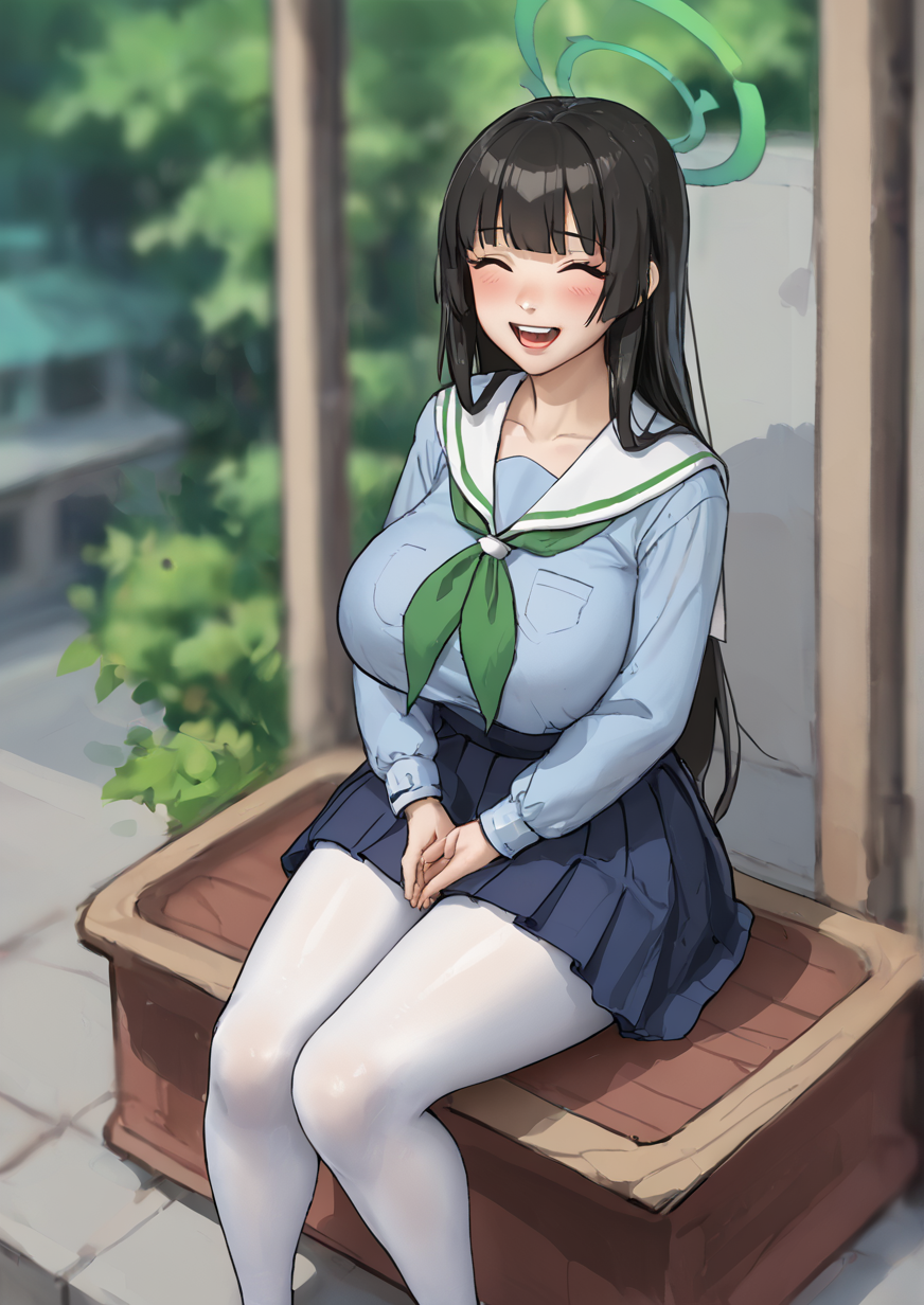 1girl, miyu (blue archive), huge breast, , ^_^, black hair, blue shirt, blue skirt, blunt bangs, blurry, blurry background, blush, closed eyes, eyelashes, facing viewer, foreshortening, from above, green neckerchief, leaf, leaf on head, long hair, long sleeves, neckerchief, open mouth, own hands together, pantyhose, pleated skirt, sailor collar, school uniform, serafuku, shirt, sitting, skirt, smile, solo, swing, teeth, upper teeth only, v arms, white pantyhose, white sailor collar,  zPDXL3  <lora:96ooo96ooo:1>