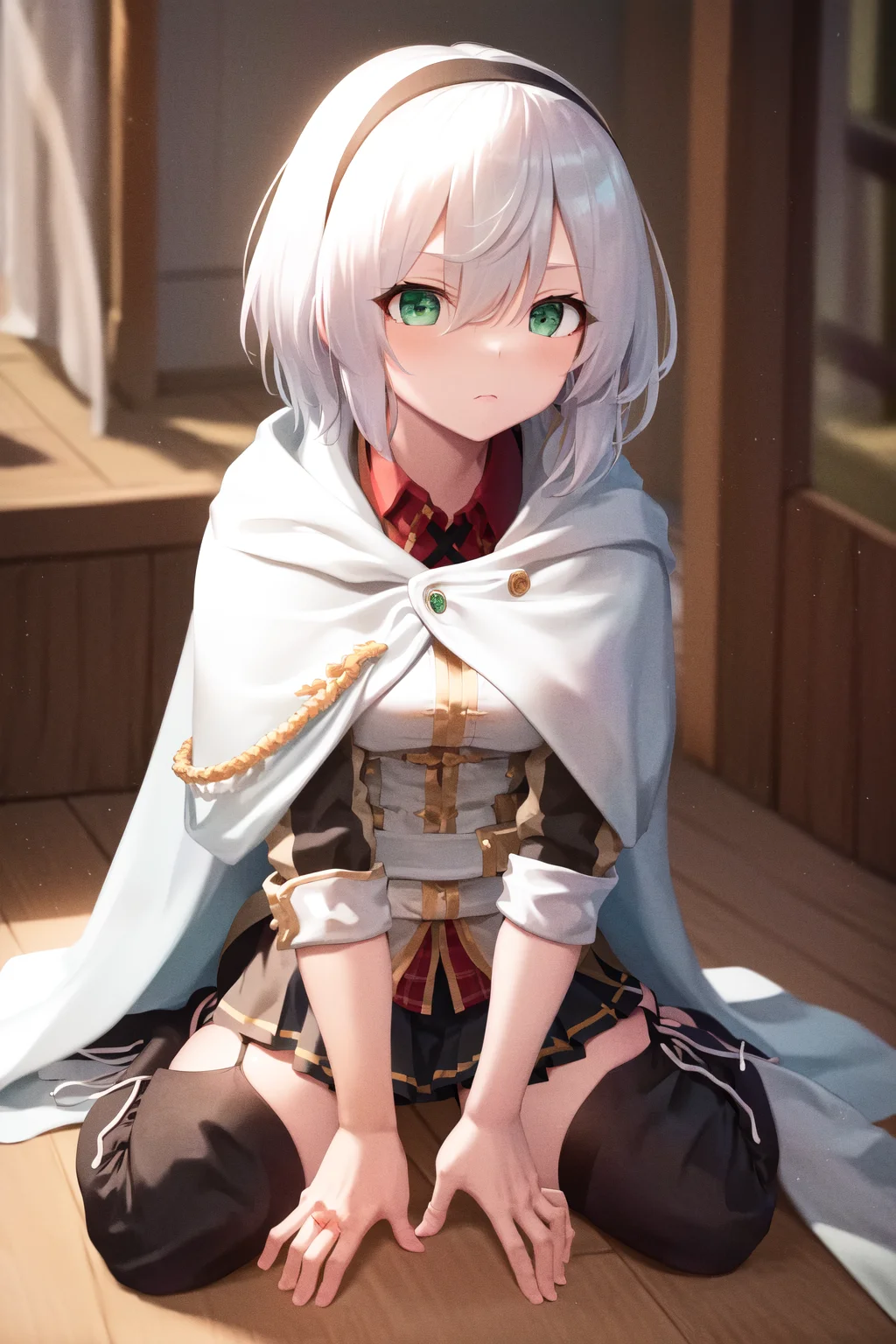 masterpiece, best quality, highres, 1girl amnesia green eyes short hair, white cape black skirt pleated skirt white jacket red shirt garter straps black thighhighs thigh boots <lora:amnesia:1> sitting, (wariza, hand between legs:1.6)