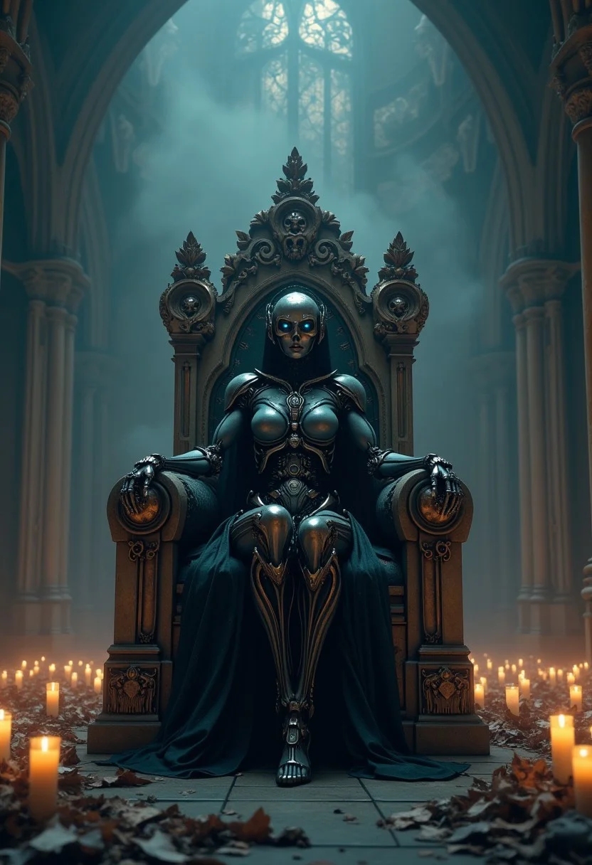 cyborg girl goddess of death with robotic body, sitting on throne of skulls and bones in cathedral od eternal darkness, mystical fog, magical lights