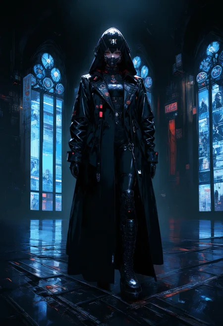 Gothic style masterpiece,high score,great score,absurdres, a man in a black dress and boots walking down a runway with a black coat on his head and a black hat on his head [26],<lora:matr1xg0th :1>,(matr1xg0th, m0tr1xbl0d3r0nn3r, realistic, tech wear, cyberpunk art, afrofuturism, Chizuko Yoshida, Christian Hilfgott Brand, gothic art),light particles [2],latex [1], .  . Dark, mysterious, haunting, dramatic, ornate, detailed