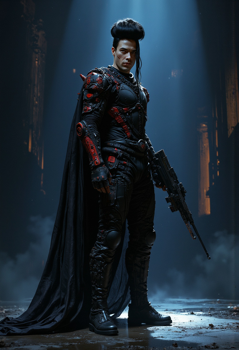 dark fantasy aesthetic. , digital artwork of a futuristic,  , epic.  luminescence, ultra realistic, hyper detailed, soft lighting , (Frank Frazetta), epic scale.
(detailed digital painting, detailed oil painting).

A futuristic law enforcement officer in sleek, black and metallic armor with red accents, holding a high-tech gun, standing in a dramatic pose against a dark background, illuminated by stark, moody lighting, rendered in a gritty, cinematic sci-fi style with intense shadows and vivid contrasts.,.

masterpiece, best quality, medium-format camera,  high-contrast, dramatic lighting, striking composition,  

The background is minimalist, a gradient of shadowy blue tones, amplifying the ethereal and futuristic ambiance of the scene. The overall composition feels cinematic, blending high fashion with a science fiction aesthetic. . Exquisite cyberpunk. retroFuturism.Frank Frazetta,
..razum  
 .

 An otherworldly atmosphere.
(Depth of field), low saturation,detail. mythp0rt Stylish, charismatic. ,.
masterpiece,   ,KNRm,  
,

Otherworldly atmosphere. aidmamj6.1
(Depth of field), low saturation,detail. mythp0rt, Stylish, charismatic


