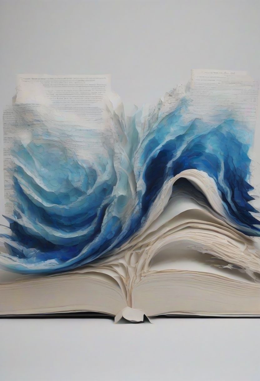Book pages Sculpture of ocean waves, paintes with blue watercolor. 
The book is on fire. intricate,dynamic motion,cinematic,style raw