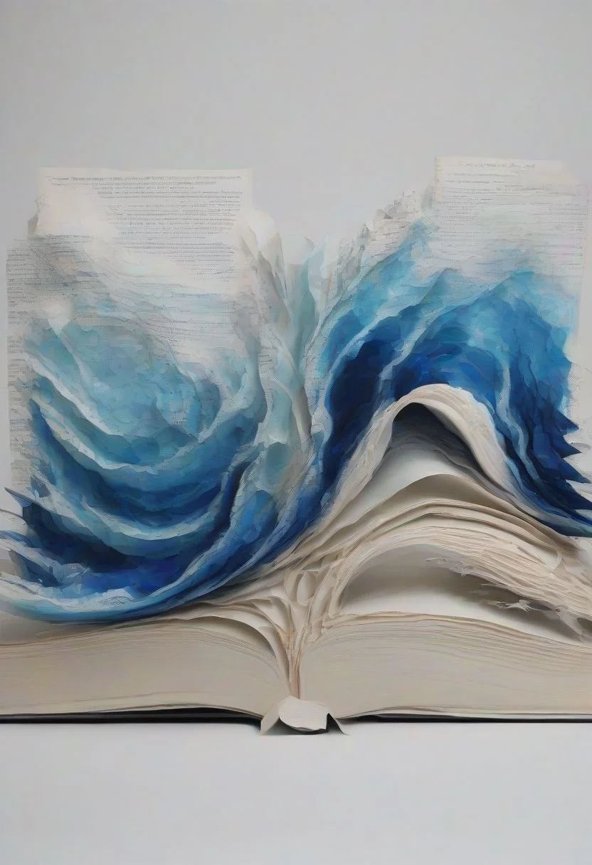 Book pages Sculpture of ocean waves, paintes with blue watercolor.
The book is on fire. intricate,dynamic motion,cinematic,style raw