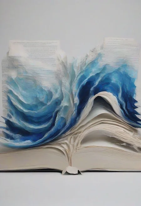 Book pages Sculpture of ocean waves, paintes with blue watercolor.
The book is on fire. intricate,dynamic motion,cinematic,style raw