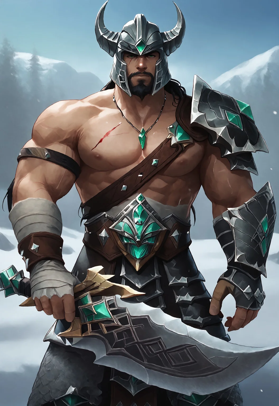 safe_pos, safe_pos, safe_pos, score_9, score_8_up, rating_nsfw, ultra hd, absurdres, best quality, best aesthetic, masculine, solo, 1boy, male focus, perfect proportions, erotic, mature male,
LeagueTryndamere, muscular, helmet, facial hair, armor, pectorals, beard, scar, armor, shoulder armor, WolfConF, snowy background, Expressiveh, green eyes, looking at viewer, holding sword, weapon, blood