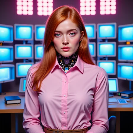 analog photo, 35mm, full body shot, front facing view, <lora:jialissa-ultimatev2:0.9> <lora:pasteBot02FL:0.7> futuristic, pink, blue, ajpasbot, mechanical, a beautiful mechanical redhead woman with a full robotic body, ultra quality, ultra detailed, ultra realistic, she's in a futuristic tech base with floating holographic monitors, full shirt, long sleeved shirt, high neck, collared shirt