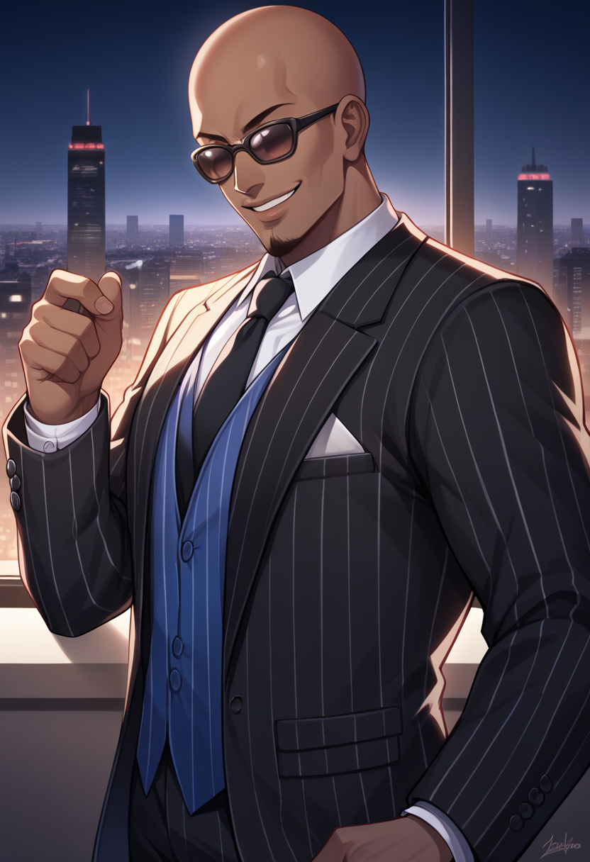 score_9, score_8_up, score_7_up,  source_anime BREAK  <lora:ZackDOA:0.9>, ZackDOA, dark-skinned male, bald, goatee, sunglasses, suit, black suit, night, cityscape, large window, indoors, smile, necktie,