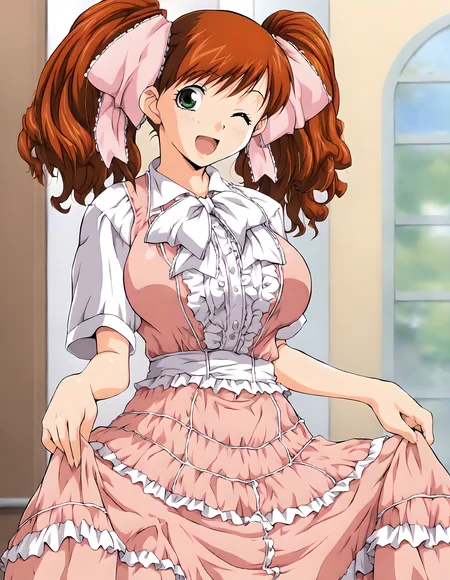 <lora:illustrious_XL_asahina:0.9>,asahina,masterpiece,best quality,good quality,newest,huge filesize,1girl,solo,looking at viewer,smile,;d,pink dress,short sleeves,skirt hold,curtsey,