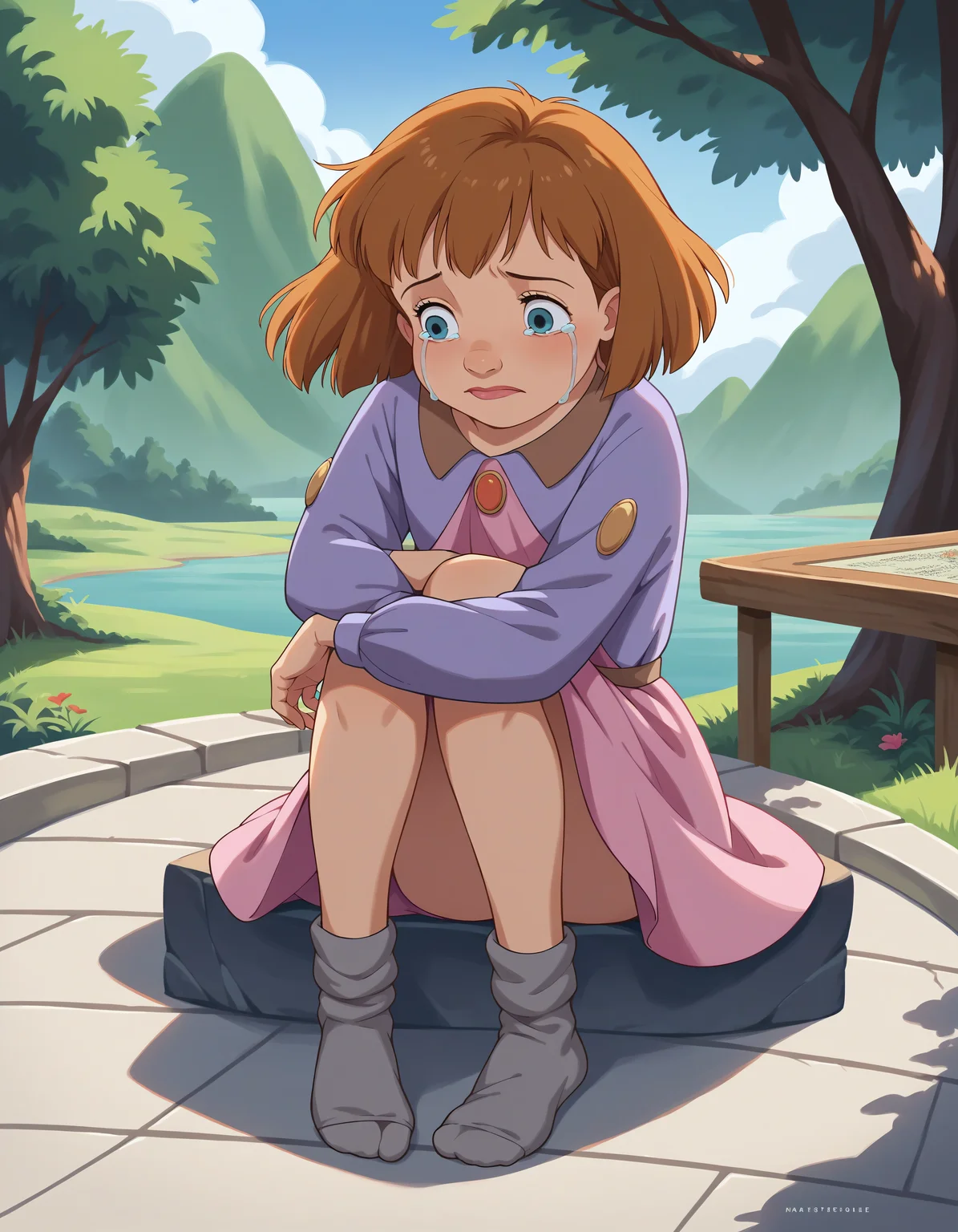 score_9, score_8_up, score_7_up, score_6_up, score_5_up, score_4_up, anime style, (masterpiece, high detail:1.4), (from the front:1.2), rating_safe,
1girl, jane (peter_pan), brown hair, short hair, blue eyes, dress, long pink skirt, 1980s (style), slouched socks, grey socks, ankle socks, no shoes,
full body, sitting, knees up, hugging knees, crying,
outdoors, beautiful sea, trees
<lora:jane_peter_pan-10:1>