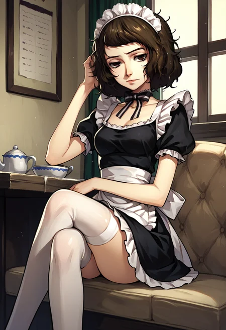 score_9, score_8_up, score_7_up, score_6_up, maid headdress, maid, choker, white thighhighs, looking at viewer, sitting, crossed legs, 1girl, kawakami sadayo, brown eyes, brown hair, short hair, messy hair, medium breasts,