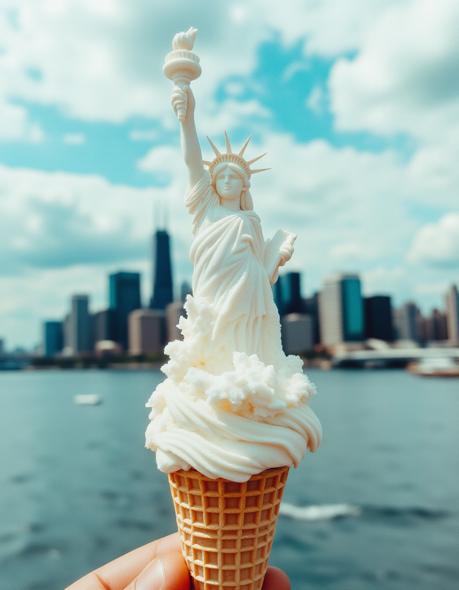 An elaborate ice cream figure sculpted into the Statue of Liberty, with a smooth, swirled texture forming her flowing robe. The crownâs spikes stand tall, carefully carved from layers of frozen cream. The waffle cone blends seamlessly into the statueâs pedestal, giving it a strong base. The New York City skyline and harbor provide a dynamic backdrop.
<lora:ice-cream-cone-flux:1>
