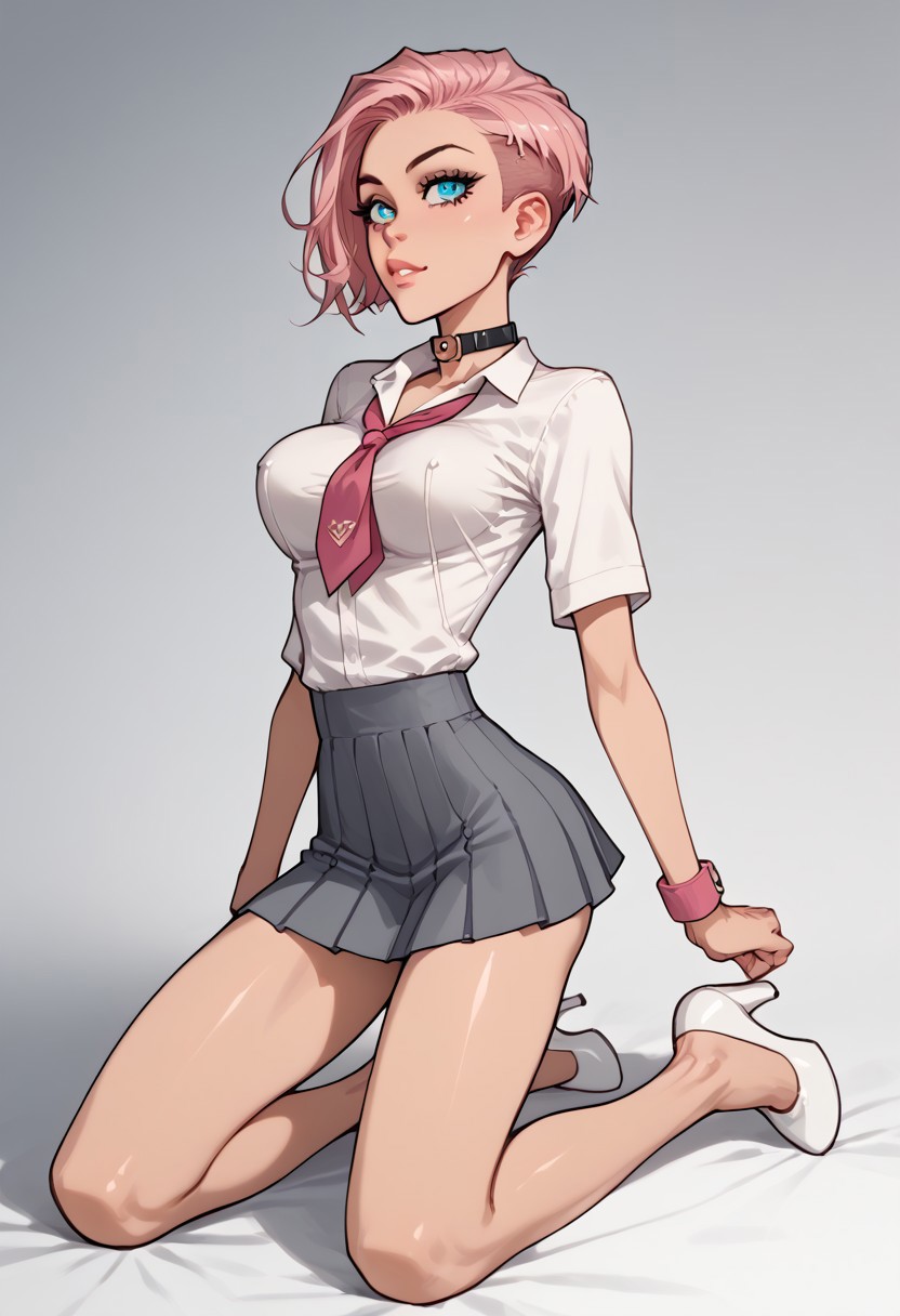 (score_9, score_8_up:1.1), score_7_up, score_9, score_8_up, score_7_up, score_6_up, score_5_up, score_4_up, BREAK, anime, anime style, solo, extreme detail, Masterpiece, Best Quality, beautiful, high res image, (25 years old:1.6), (1girl, ((undercut pink hair, oly pink hair)), portrait, cat ear headphones, blue eyes:1, beautiful face, high cheekbone, high detailed skin, medium breasts, skinny, cat collar, White footwear, white heels, garter belt, grey skirt, tights, miniskirt, neckerchief, pleated skirt, school uniform